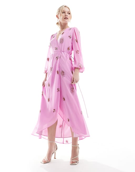 Pink Embroidered Wrap Dress with Puff Sleeves
