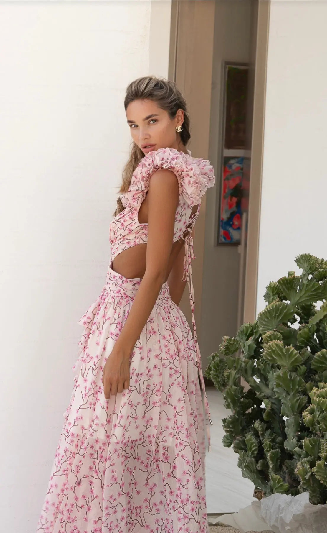Pink Floral Print Ruffled Wrap Maxi Dress