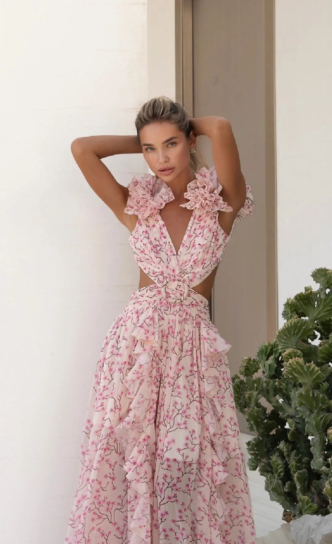 Pink Floral Print Ruffled Wrap Maxi Dress