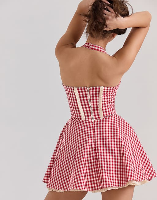 Red - White Gingham Halter Neck Mini Dress