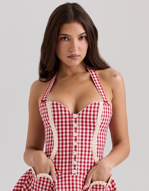 Red - White Gingham Halter Neck Mini Dress