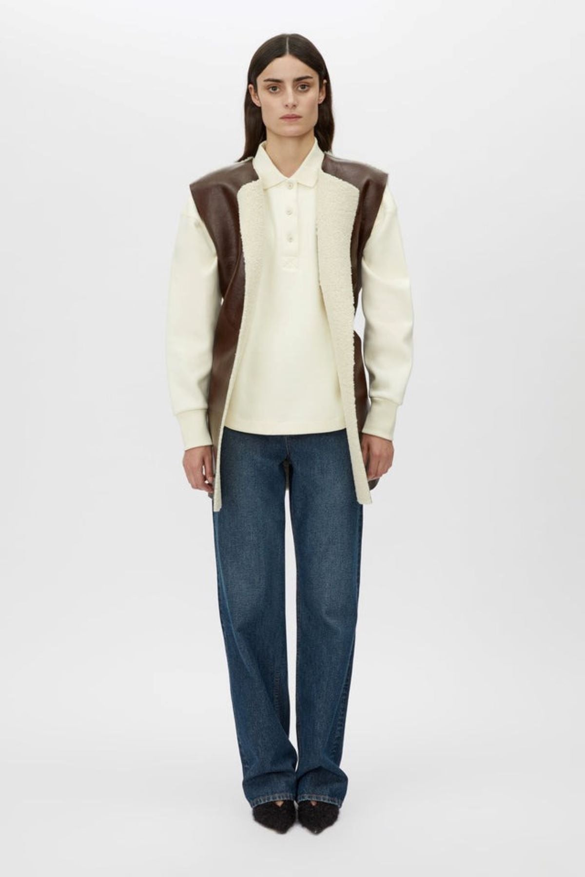 Brown Leather and Wool Trimmed Vest