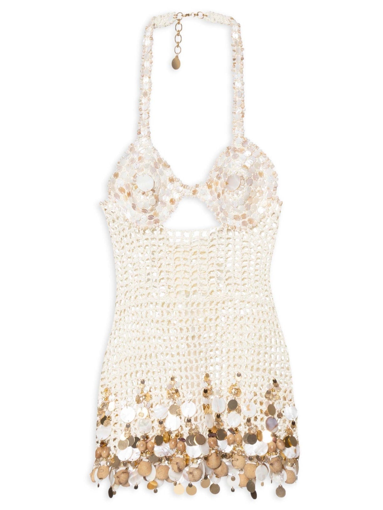 Beige Crochet Halter Neck Mini Dress with Shell Embellishments