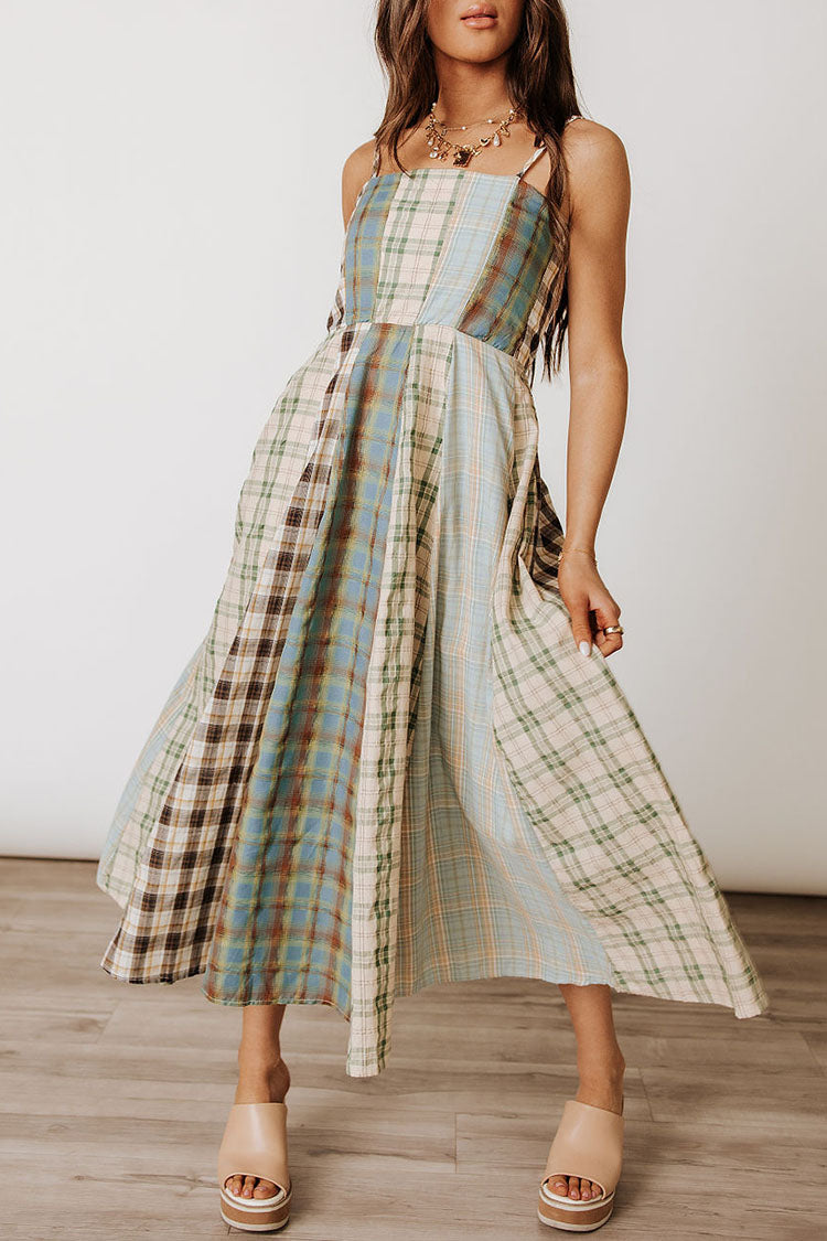 Plaid Patchwork Spaghetti Strap Midi Dress