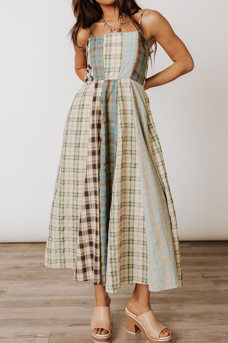 Plaid Patchwork Spaghetti Strap Midi Dress