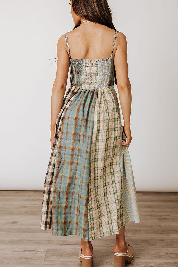 Plaid Patchwork Spaghetti Strap Midi Dress