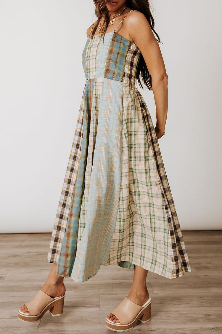 Plaid Patchwork Spaghetti Strap Midi Dress