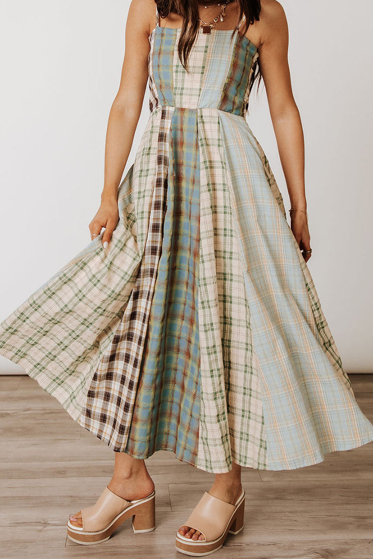 Plaid Patchwork Spaghetti Strap Midi Dress