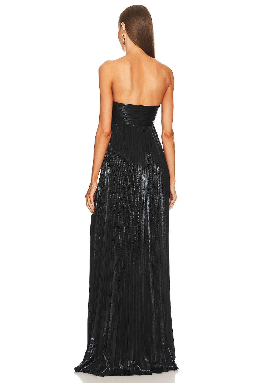 Off-the-shoulder high-slit pleated maxi skirt