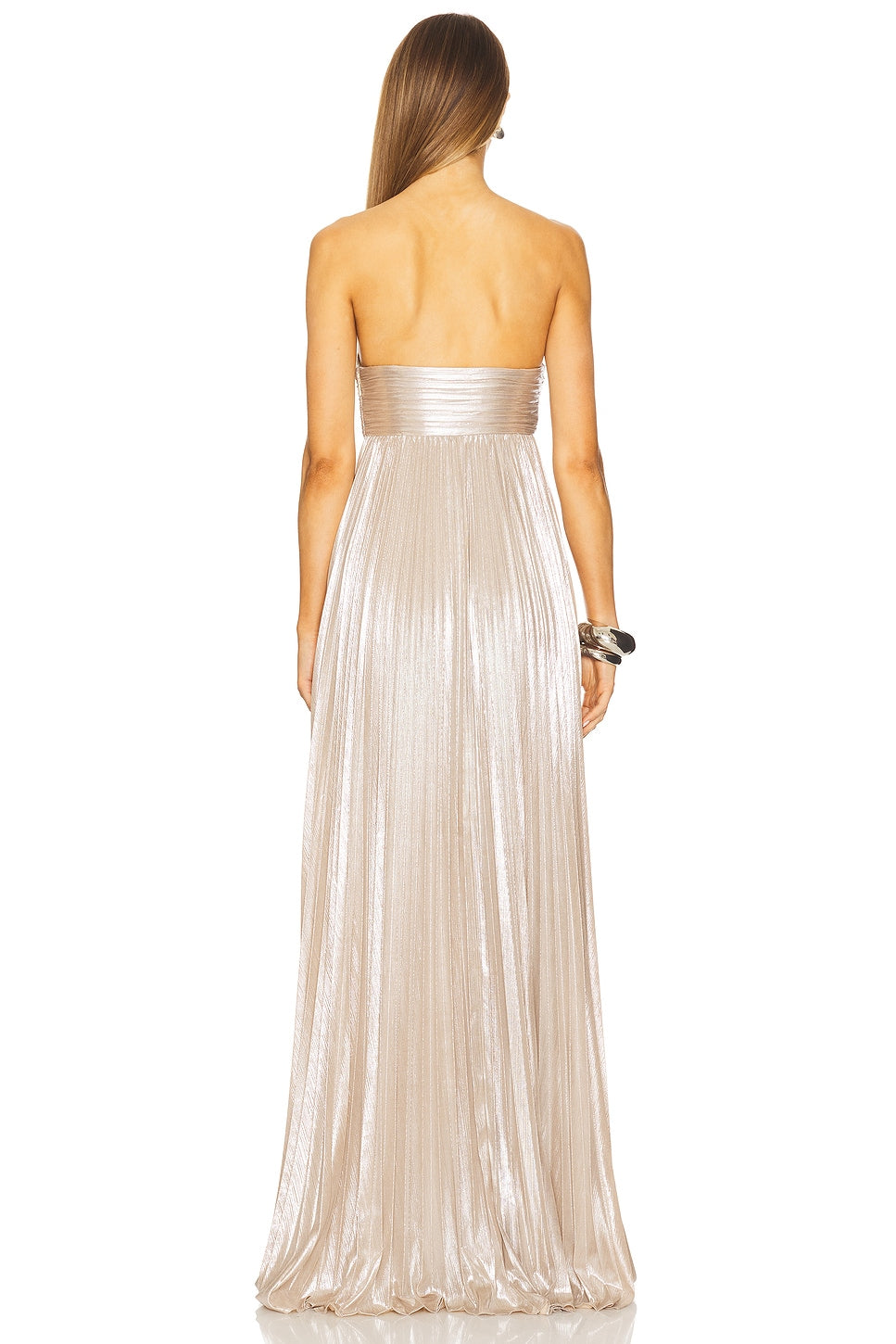 Off-the-shoulder high-slit pleated maxi skirt