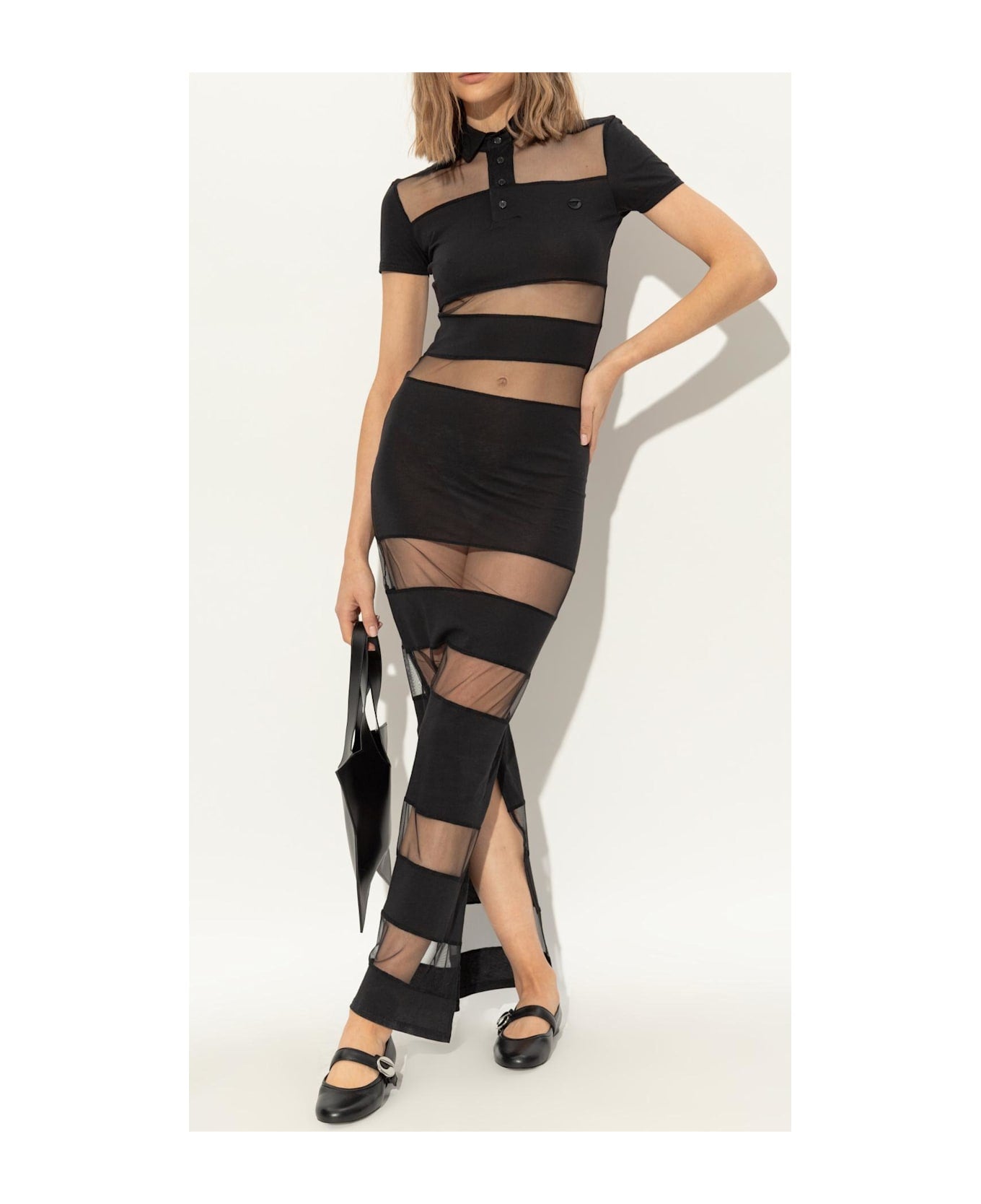 Black Mesh - Paneled Polo - style Maxi Dress