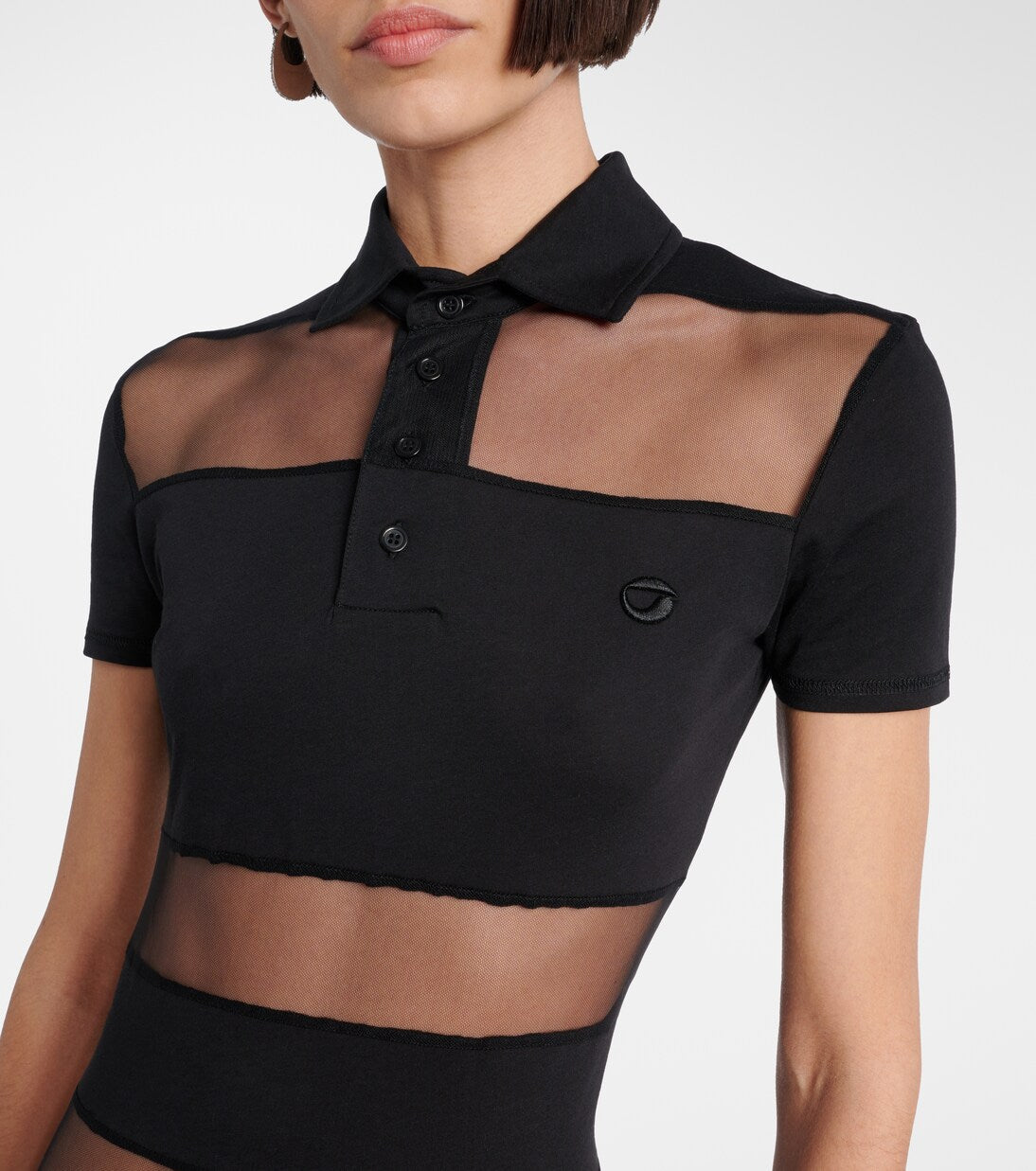 Black Mesh - Paneled Polo - style Maxi Dress