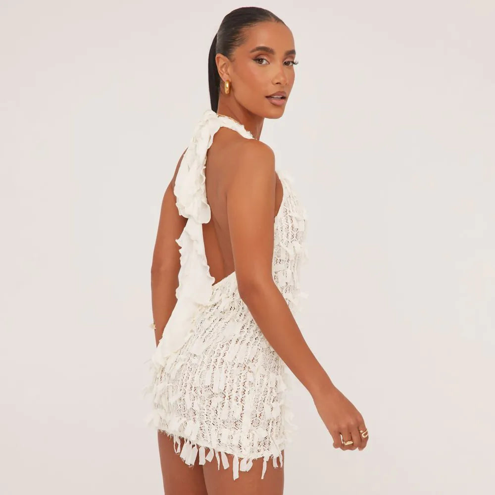 White Fringe Halter Mini Dress