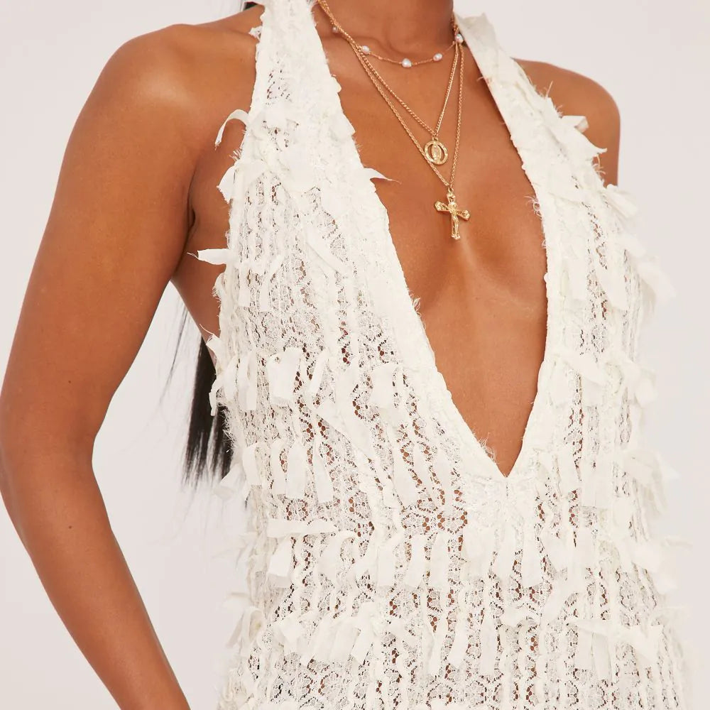 White Fringe Halter Mini Dress