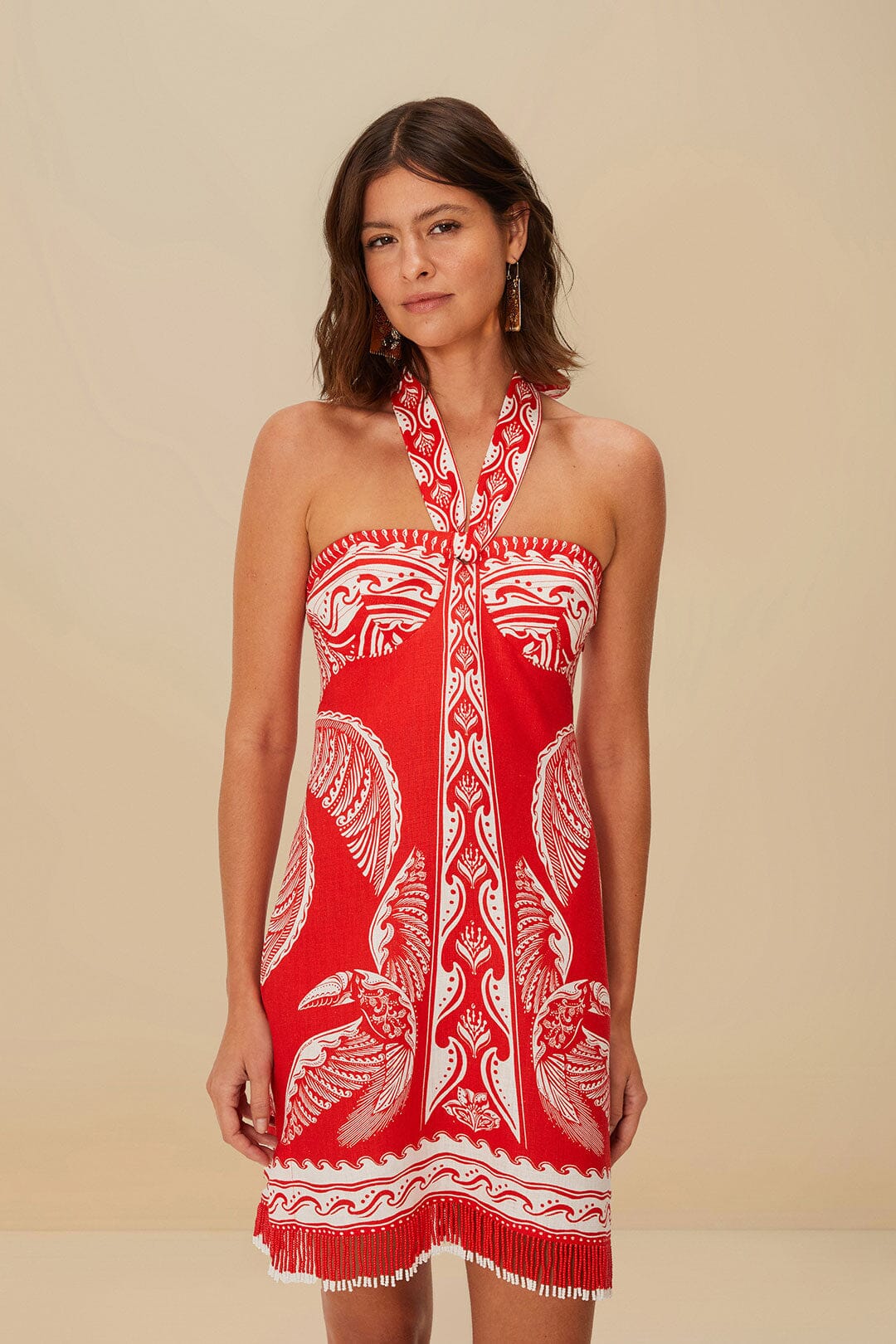 Red Halter - Neck Mini Dress with White Pattern and Fringe Detail