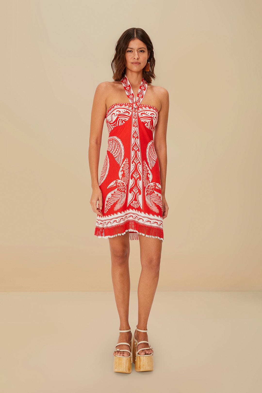 Red Halter - Neck Mini Dress with White Pattern and Fringe Detail