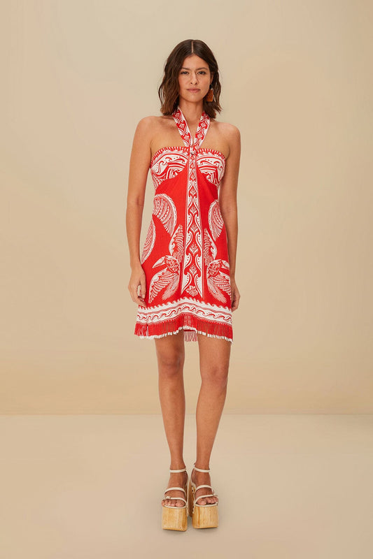 Red Halter - Neck Mini Dress with White Pattern and Fringe Detail