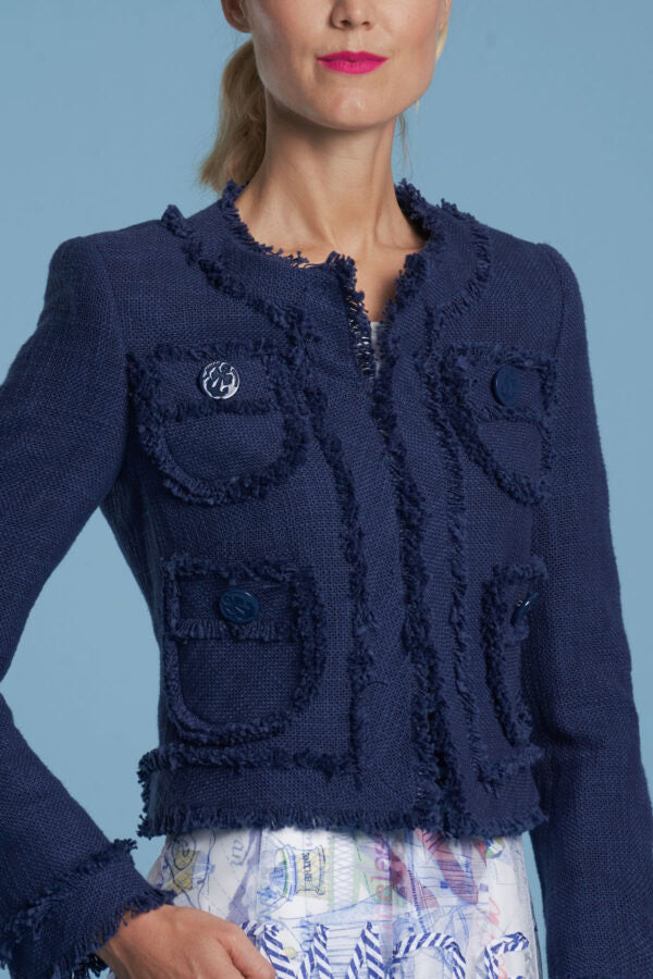 Navy Blue Tweed Cropped Jacket