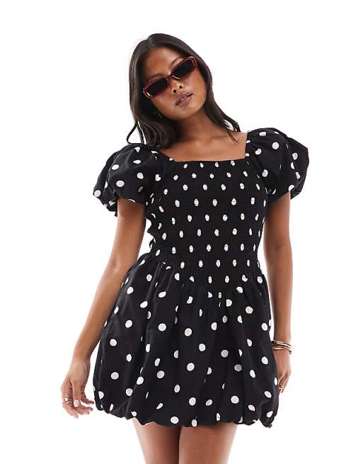 Black Polka - dot Puff - sleeve Mini Dress