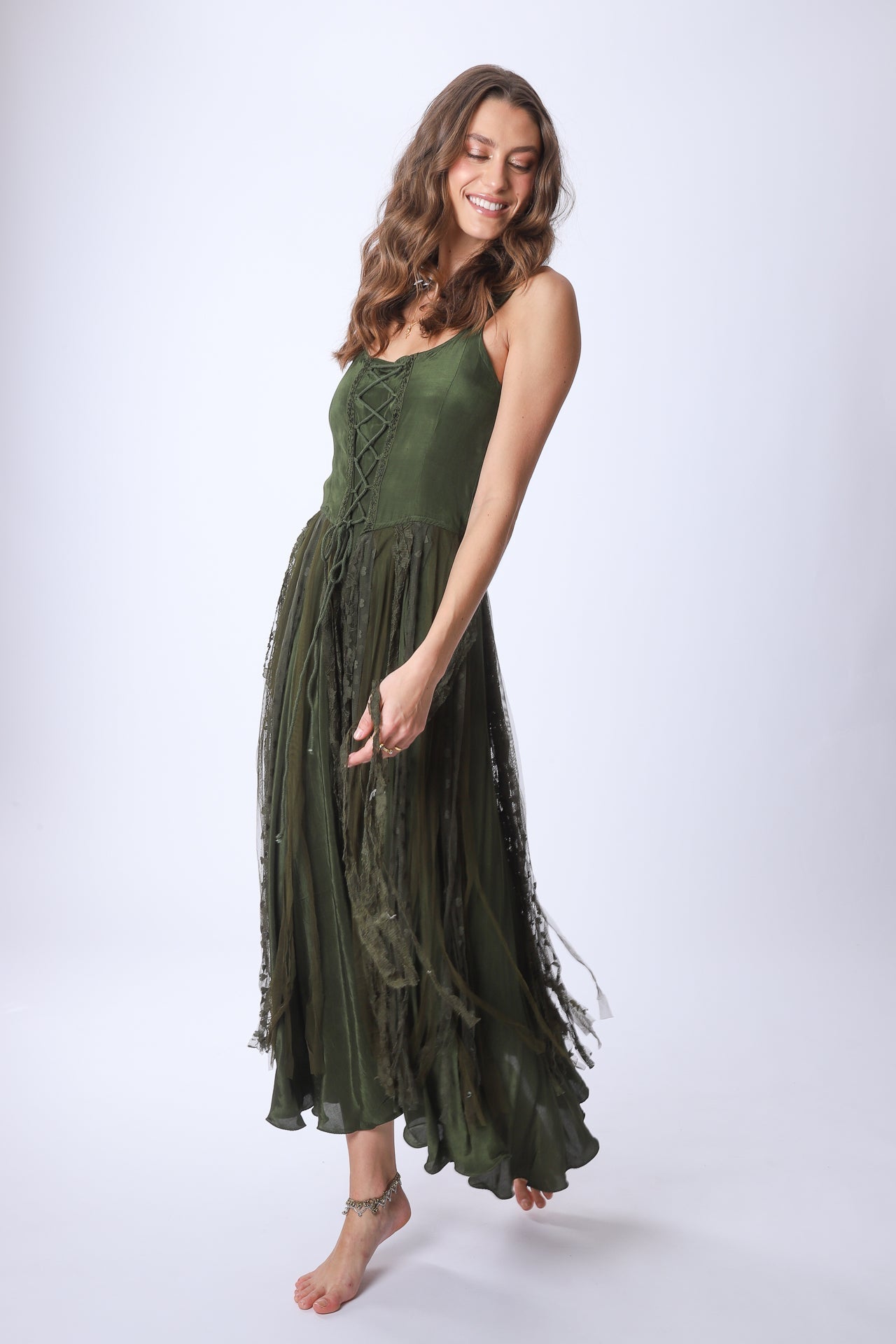 Olive Green Lace - up Corset - style Maxi Dress