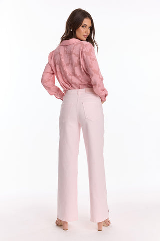 Denim Wide - Leg Jeans with Embellished Cut - Out Floral Details