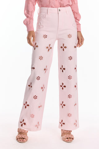 Denim Wide - Leg Jeans with Embellished Cut - Out Floral Details