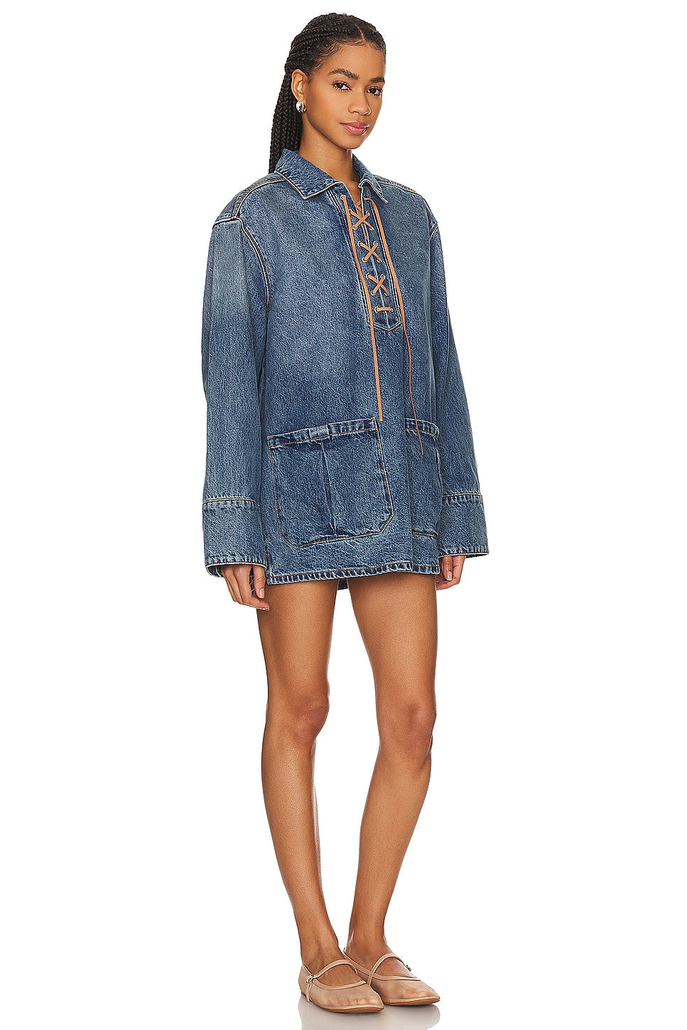 Denim Lace - Up Shirt Dress