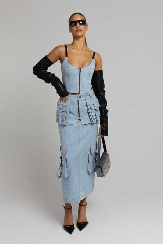 Light Blue Denim Top and Denim Skirt Set