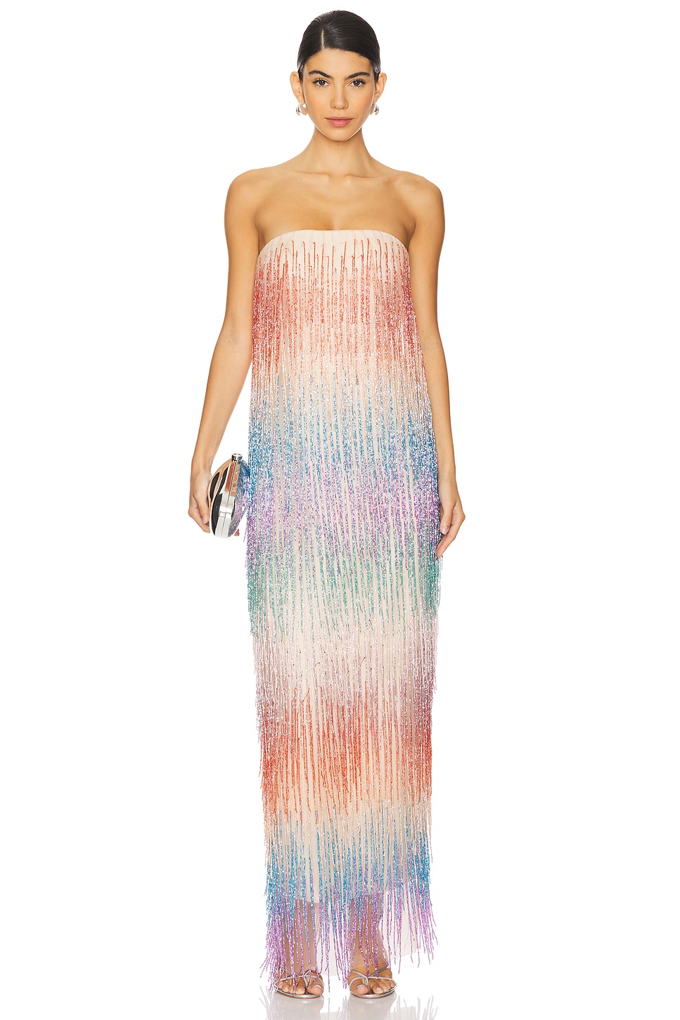 Rainbow Fringe Strapless Maxi Dress
