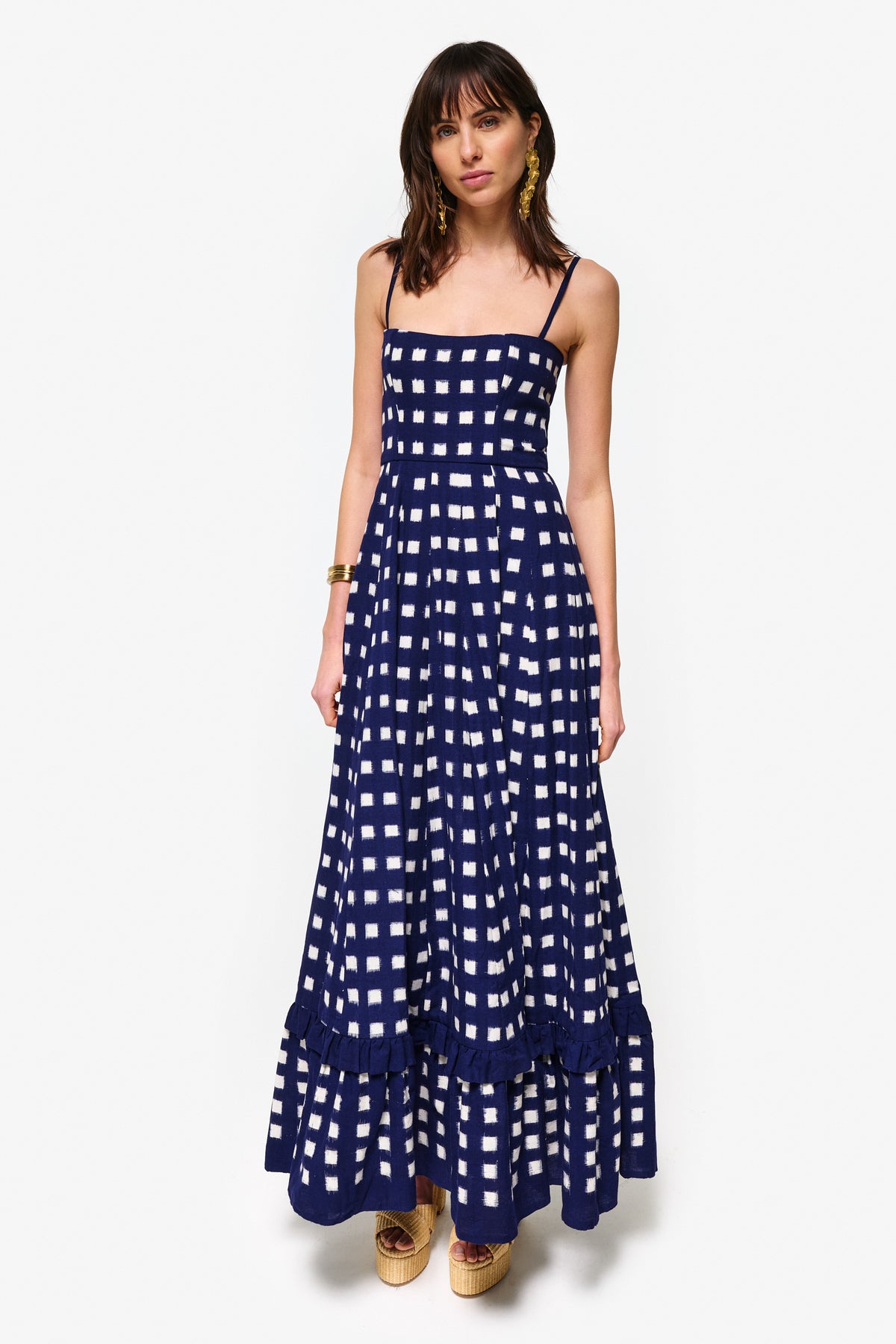 Navy Blue and White Checkered Maxi Dress
