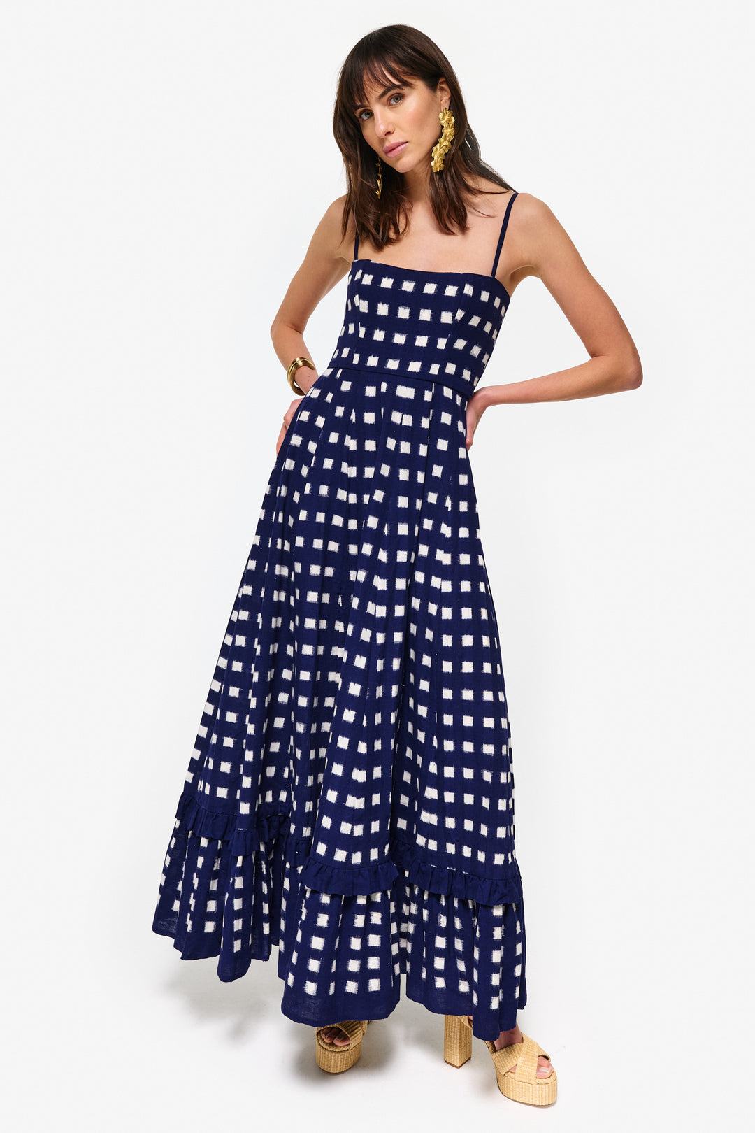 Navy Blue and White Checkered Maxi Dress