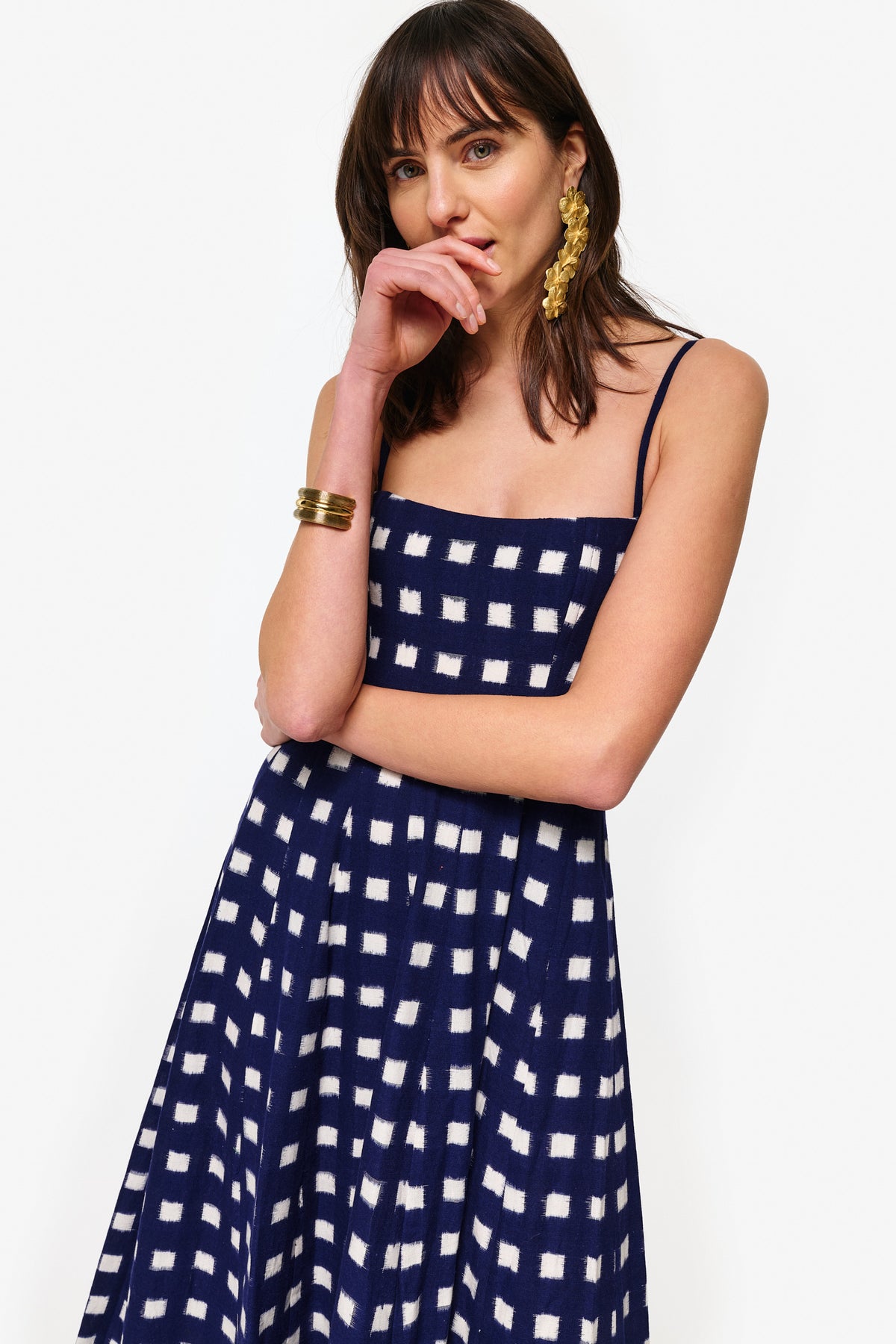 Navy Blue and White Checkered Maxi Dress