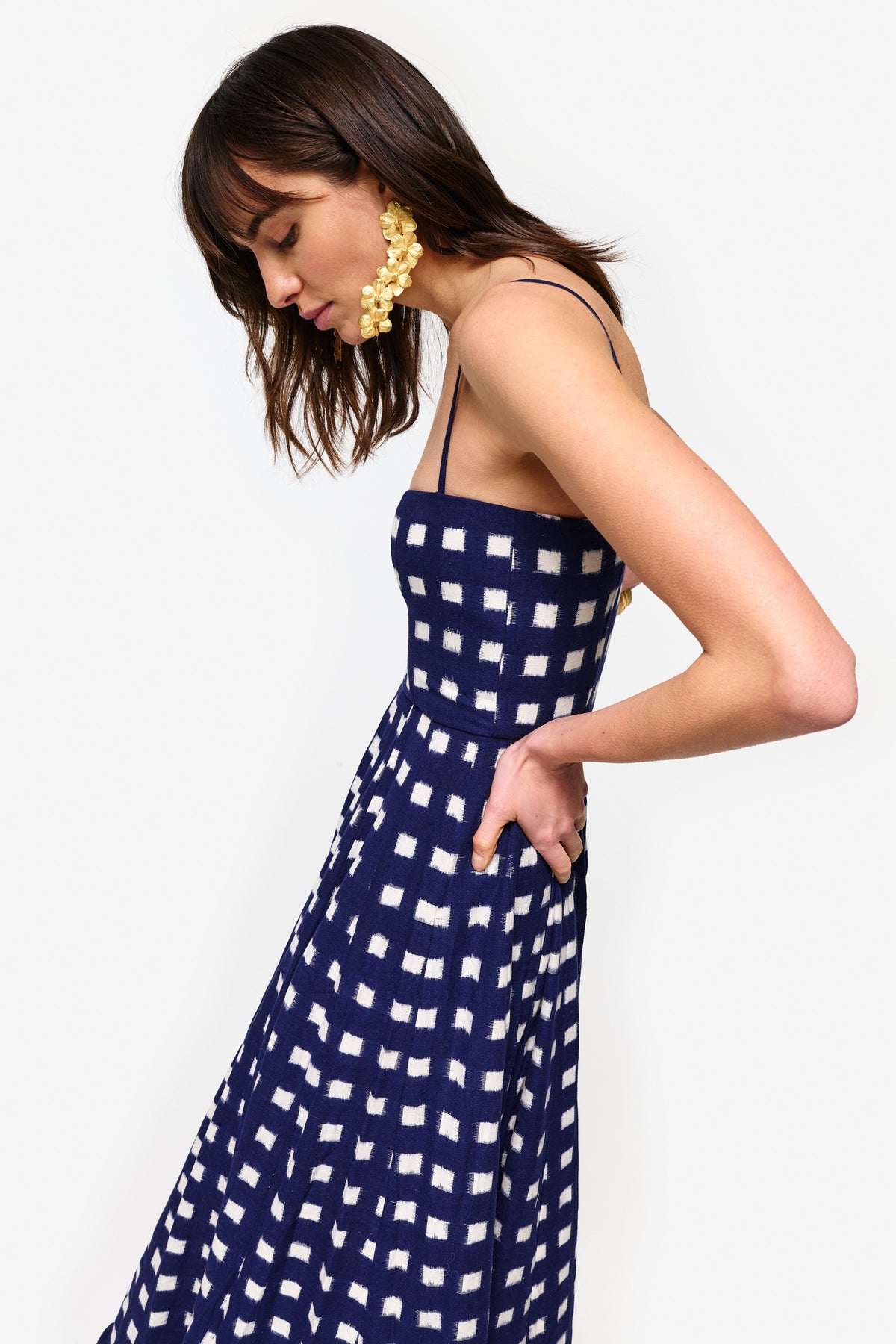 Navy Blue and White Checkered Maxi Dress