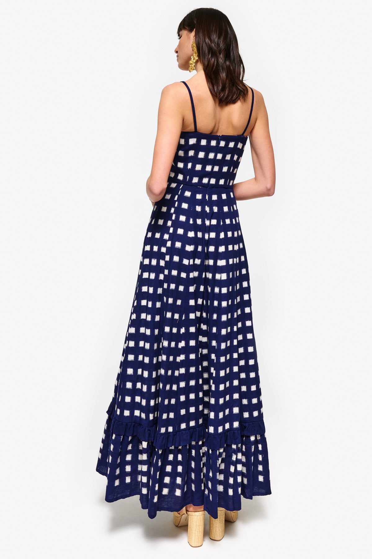 Navy Blue and White Checkered Maxi Dress