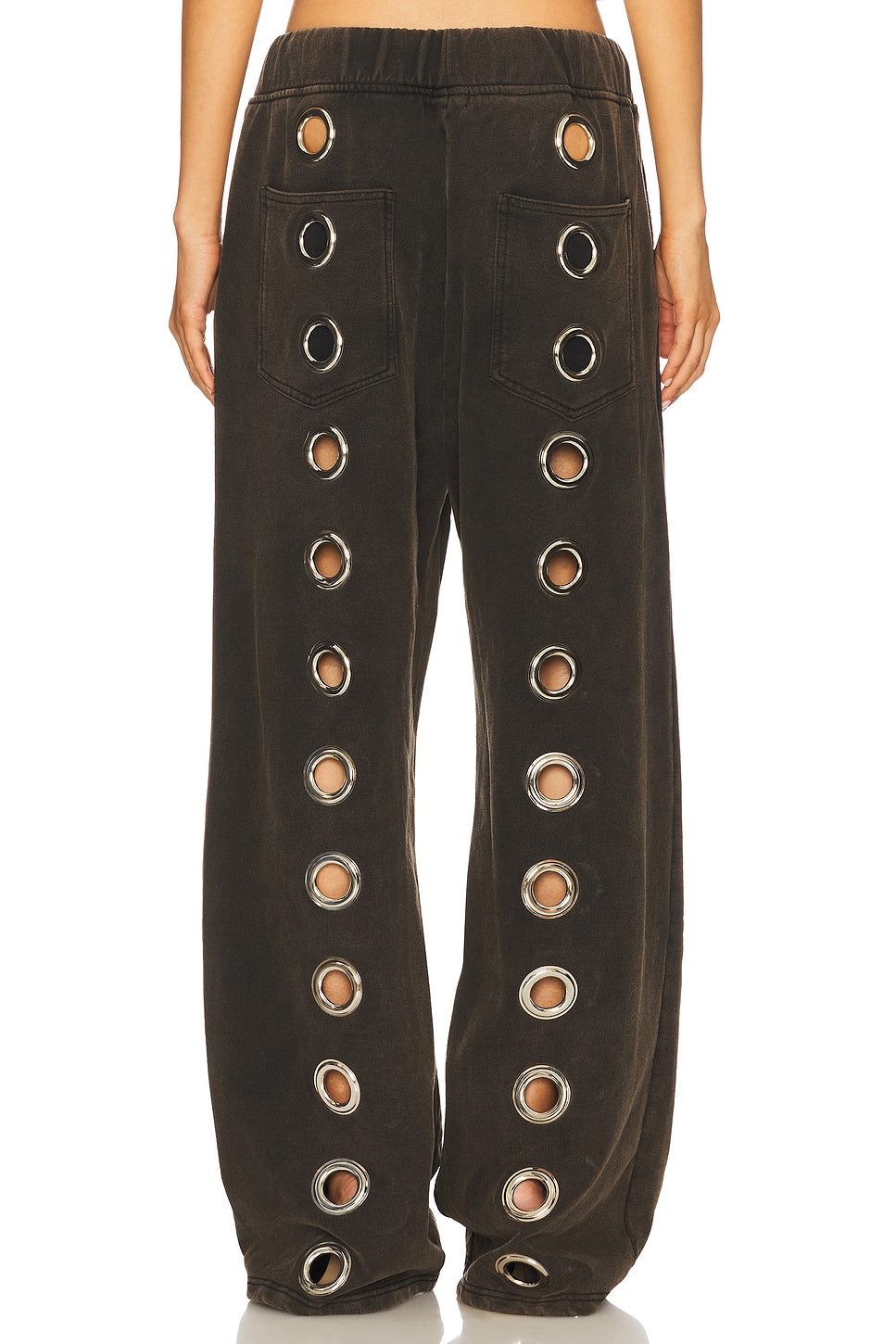 Dark Brown Wide-Leg Pants with Metal Eyelet Decorations