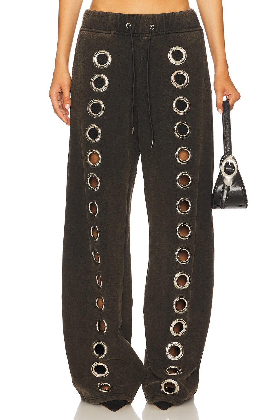 Dark Brown Wide-Leg Pants with Metal Eyelet Decorations