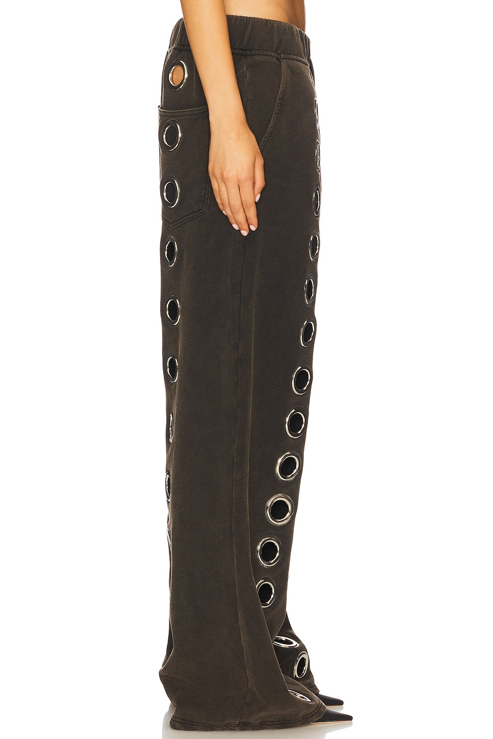 Dark Brown Wide-Leg Pants with Metal Eyelet Decorations