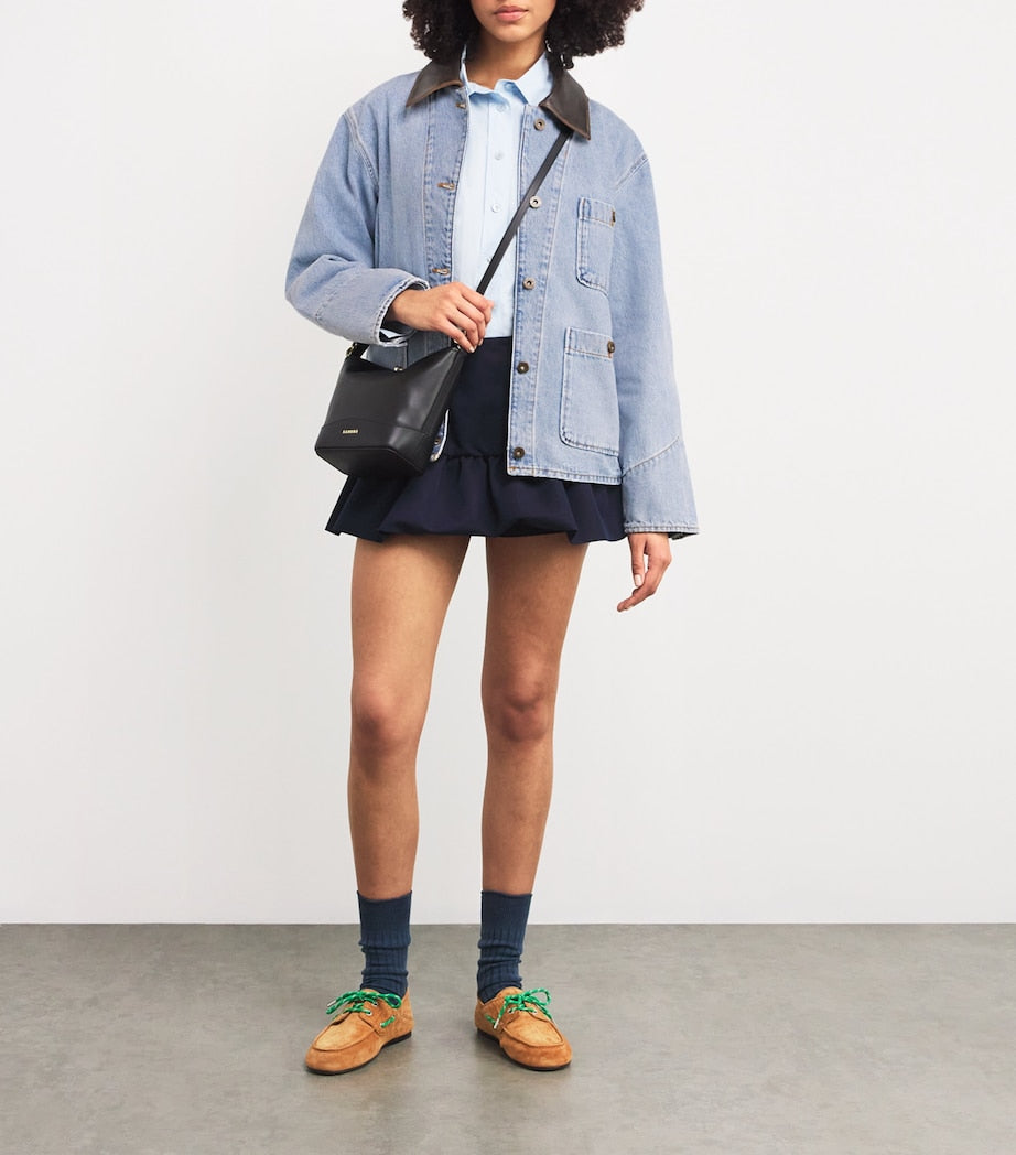 Light Blue Denim Jacket with Leather Collar