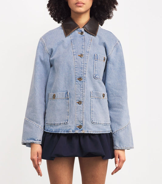 Light Blue Denim Jacket with Leather Collar
