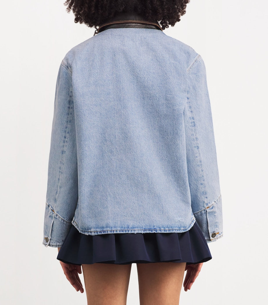 Light Blue Denim Jacket with Leather Collar