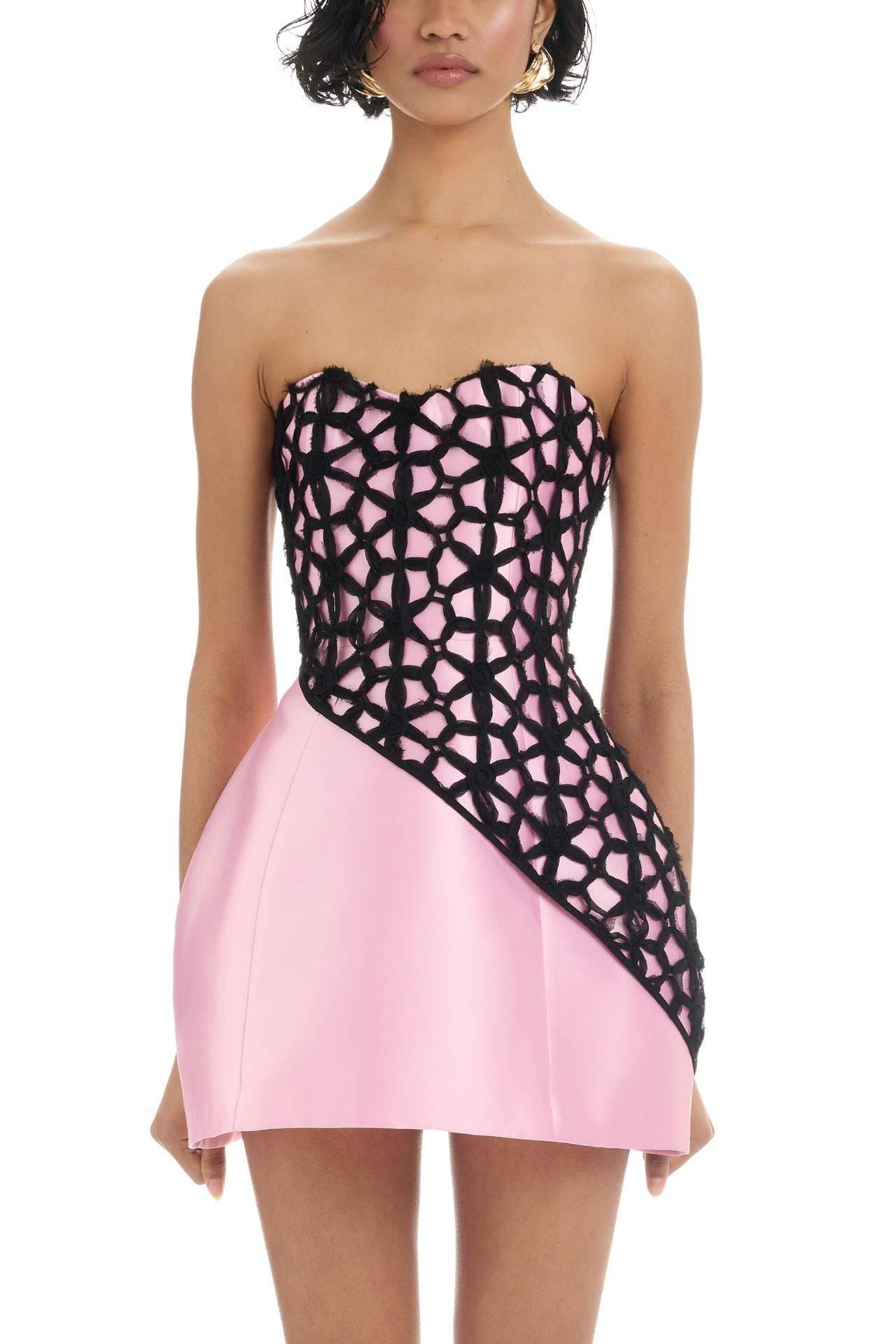 Pink Strapless Mini Dress with Black Mesh Detail
