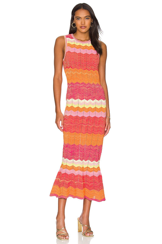 Sleeveless Chevron - Patterned Midi Dress