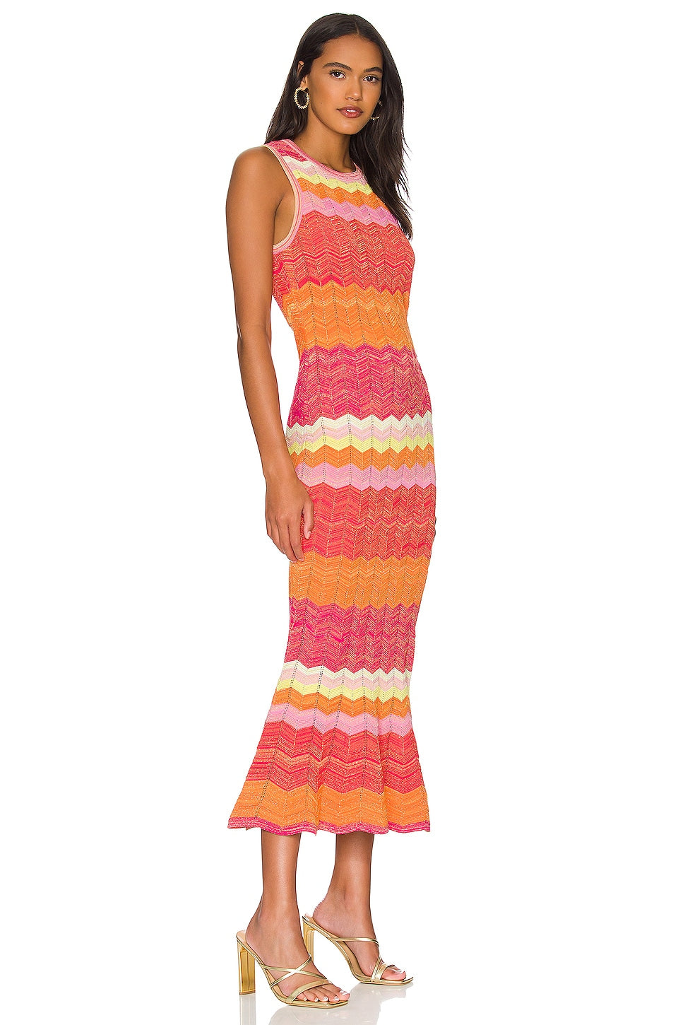 Sleeveless Chevron - Patterned Midi Dress