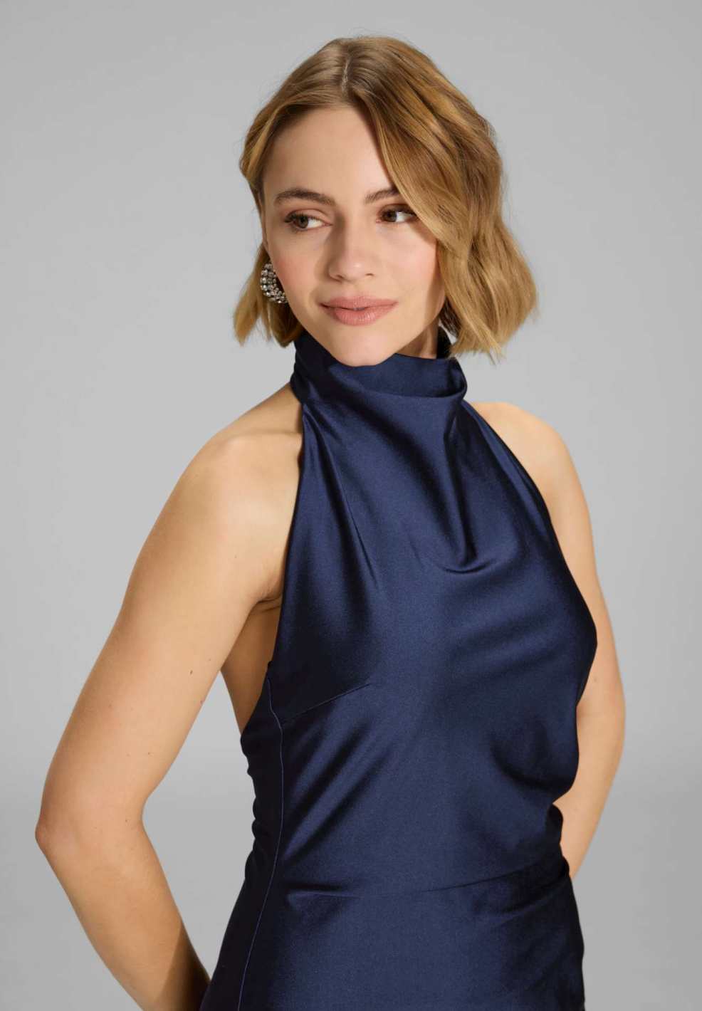 Navy Blue Satin Halter Neck Maxi Dress