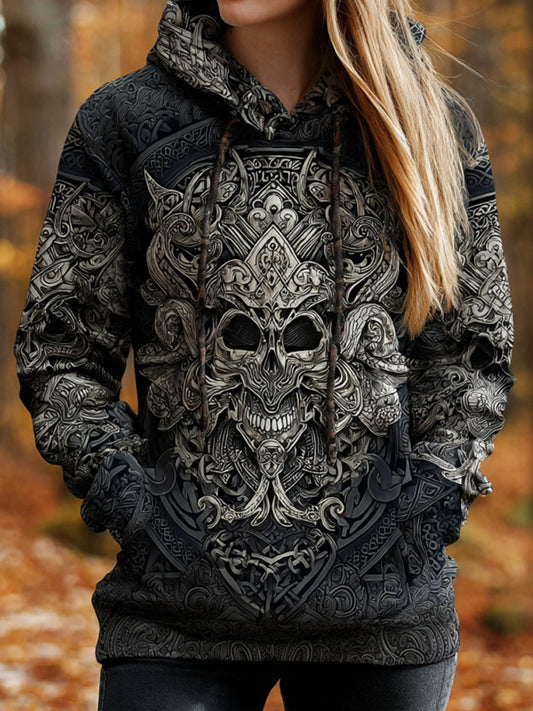 Women's Vintage Viking Tribal Celtic Skull Gradient Art Chunky Knit Hooded Sweater
