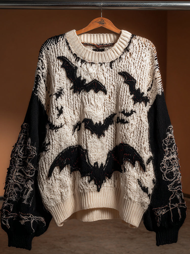 Halloween Bat Black And White Contrast Women's Knit Sweater