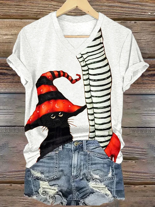 Classic Ruby Shoes Halloween Witch Legs With Cat Painting V-Neck T-Shirt