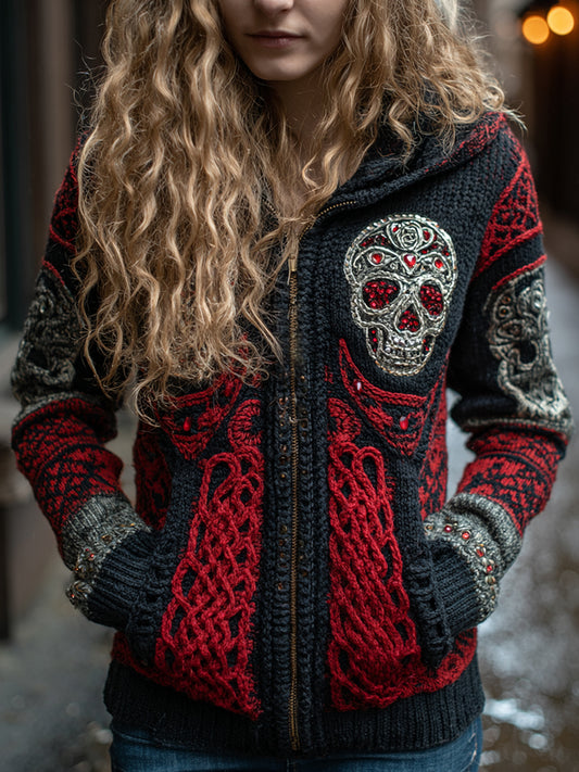 Women's Rose And Skull Inspired Chunky Zipper Knitted Hooded Cardigan