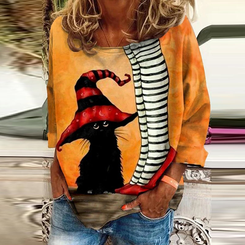 Women's Classic Ruby Red Shoes Halloween Witch Legs With Black Cat Pattern Print Long Sleeve T-Shirt