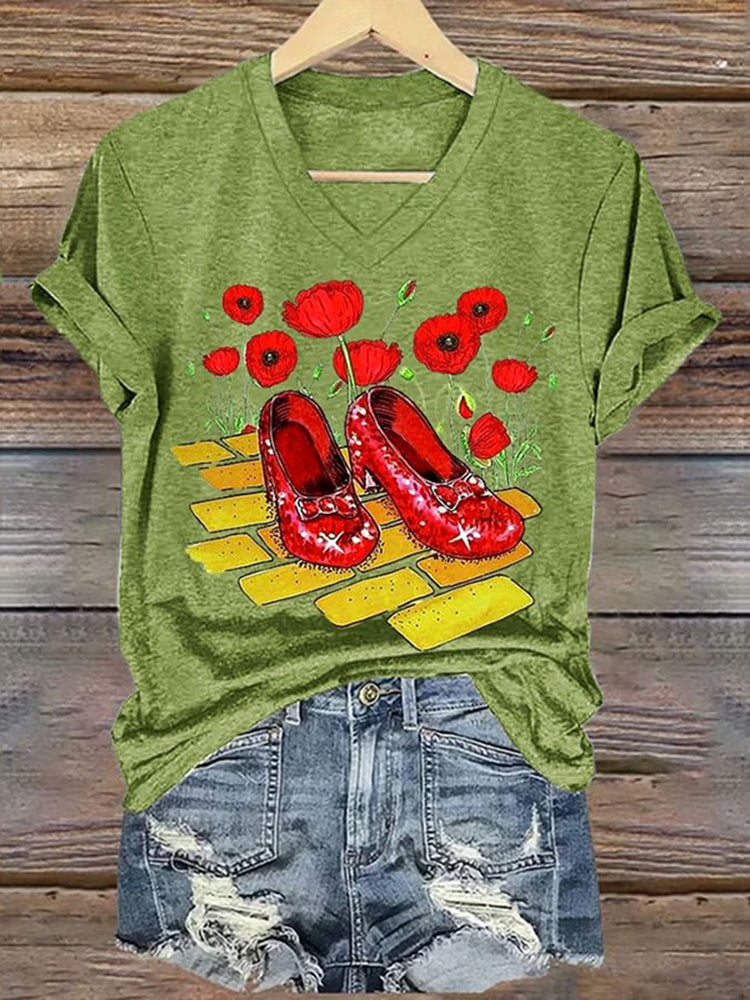 Classic Ruby Red Shoes Floral Painting V-Neck T-Shirt